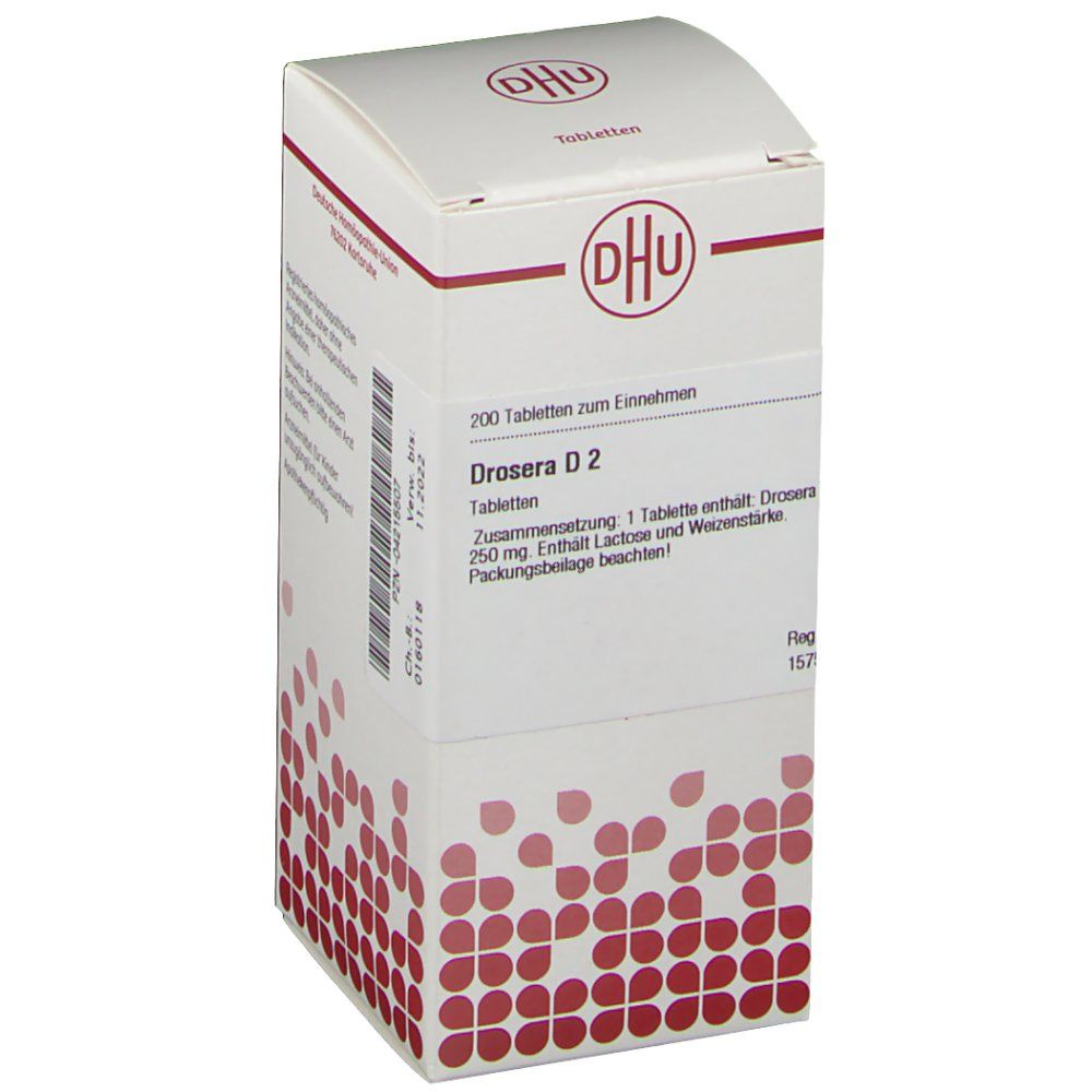 Weiße Faltschachtel mit rotem Muster. Aufschrift: DHU, Drosera D2 Tabletten. Text in deutscher Sprache. Enthält 200 Tabletten.