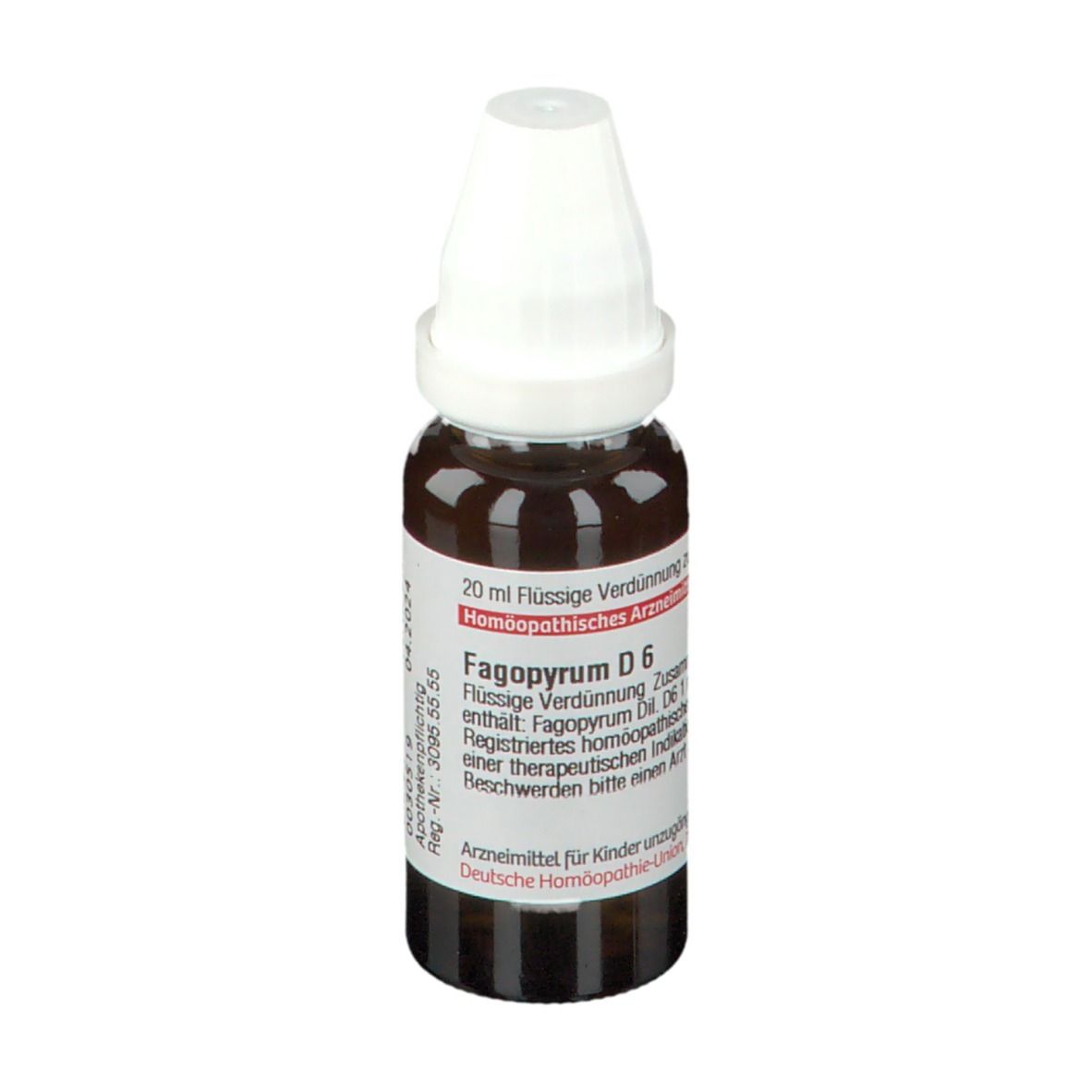 Braune Glasflasche mit weißem Verschluss. Etikett mit Text: Fagopyrum D6, 20 ml flüssige Verdünnung.