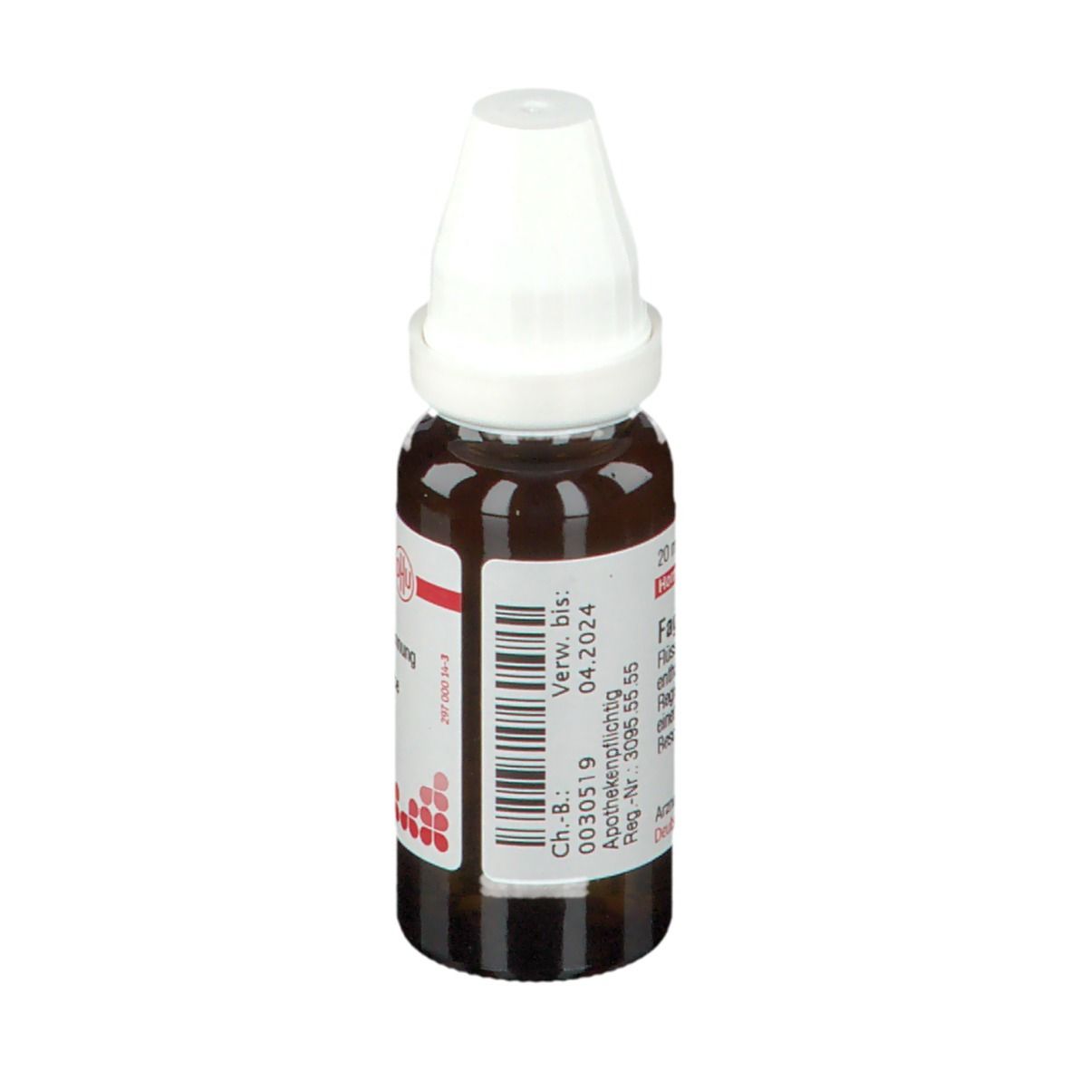 Braune Glasflasche mit weißem Verschluss. Etikett mit Text: Fagopyrum D6, Verwendbar bis 04.2024.