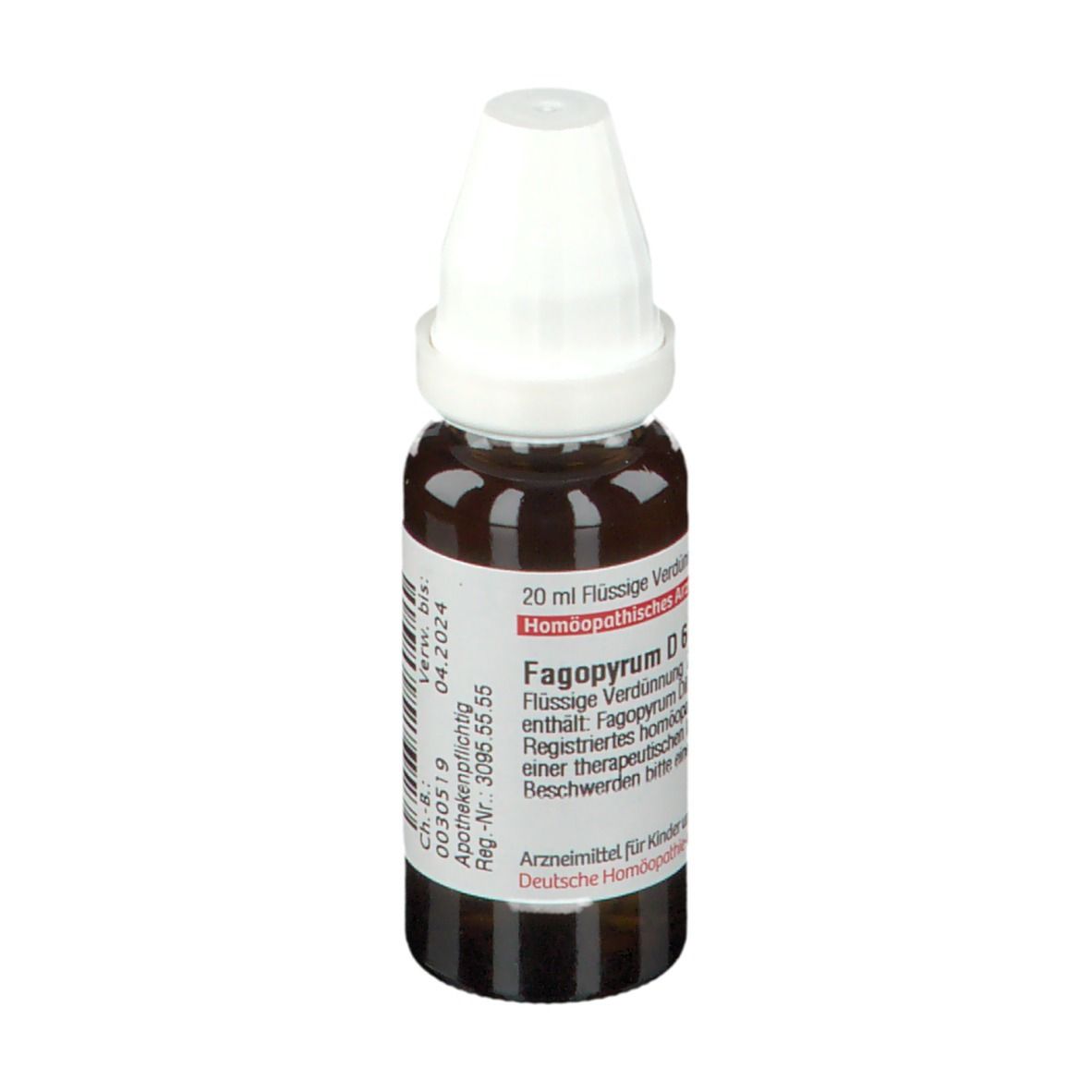 Braune Glasflasche mit weißem Verschluss. Etikett mit Text: Fagopyrum D6, 20 ml flüssige Verdünnung.