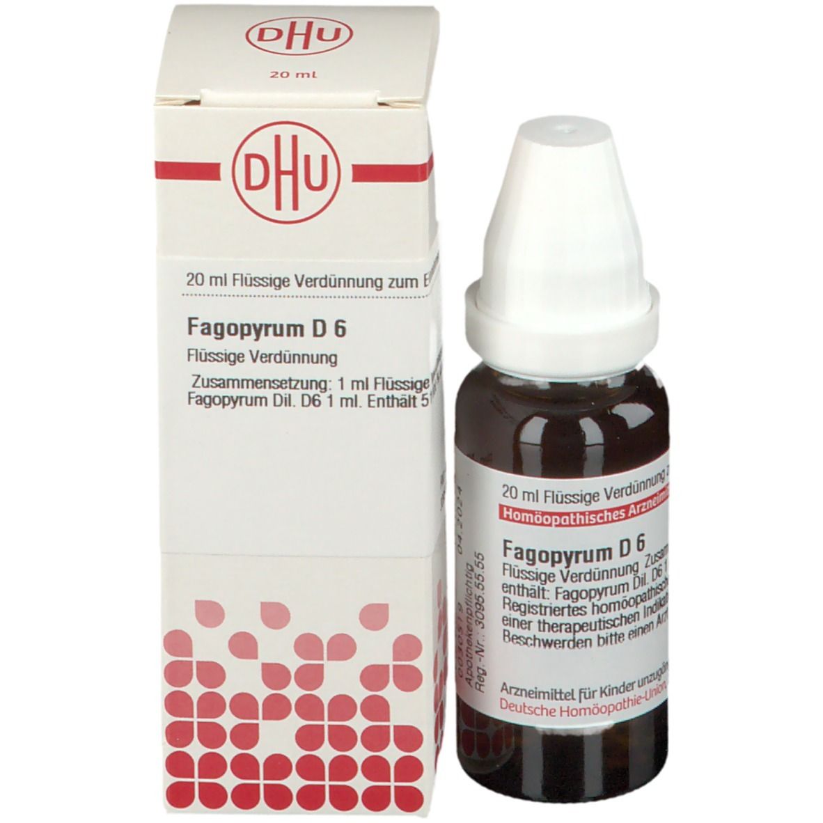 Produktverpackung mit Flasche. Auf der Verpackung: DHU, Fagopyrum D6, 20 ml flüssige Verdünnung.