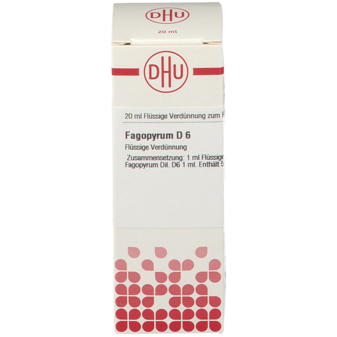 Produktverpackung. Auf der Verpackung: DHU, Fagopyrum D6, 20 ml flüssige Verdünnung.