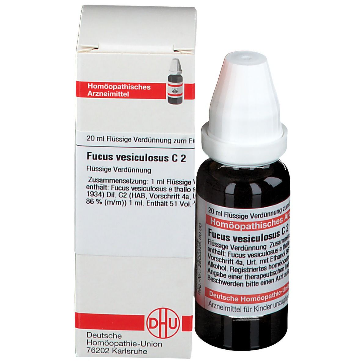Braune Glasflasche mit weißem Verschluss und Kartonverpackung. Etikett mit Produktinformationen. Homöopathisches Arzneimittel.