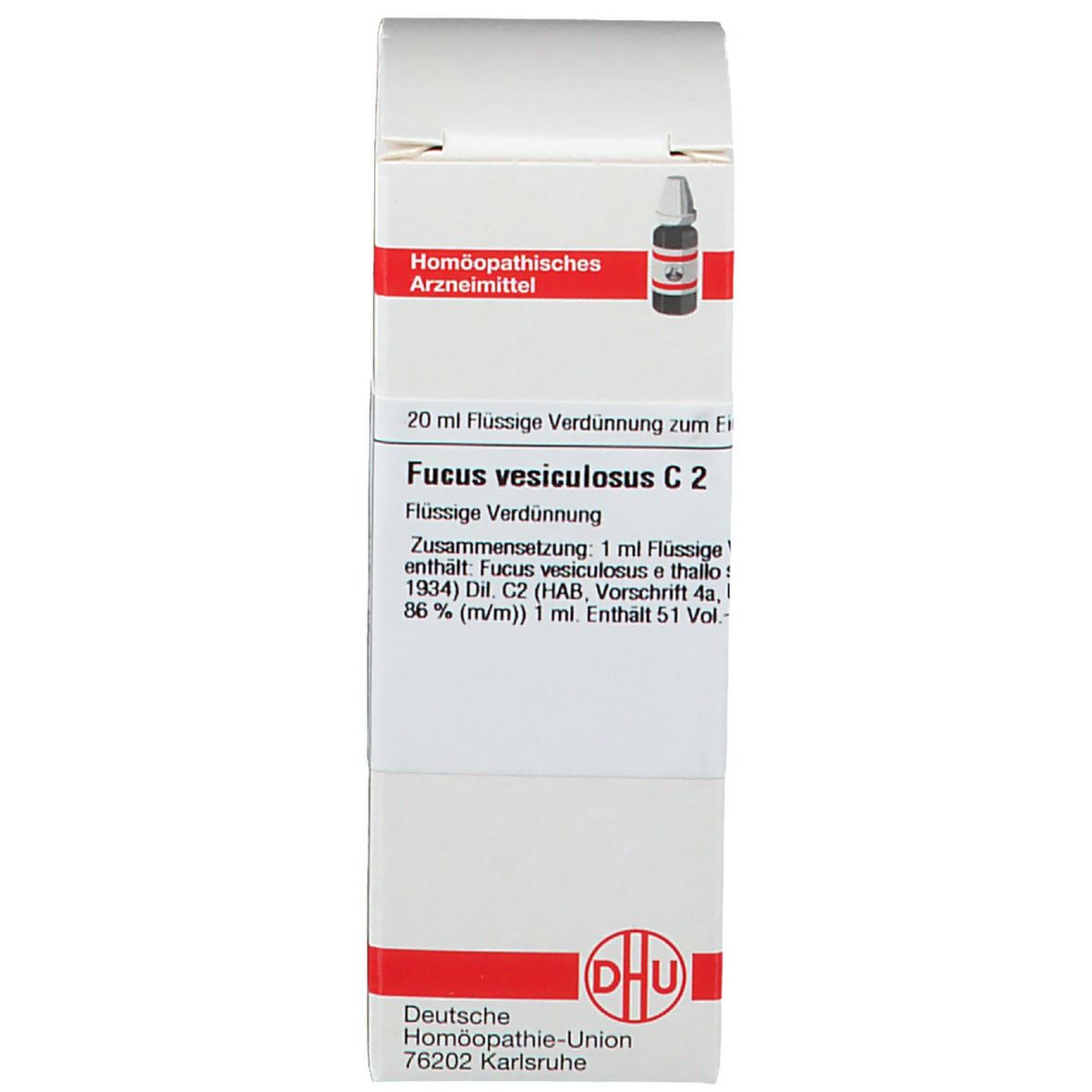 Kartonverpackung mit Produktinformationen. Homöopathisches Arzneimittel. DHU Logo.