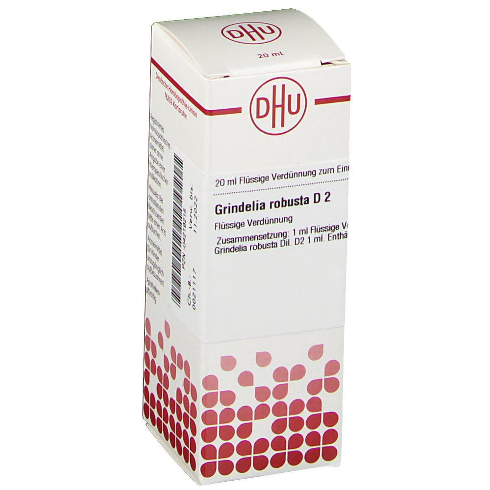 DHU-Verpackung mit Aufschrift Grindelia robusta D2. 20 ml Flüssige Verdünnung. Rote und weiße Farbgebung.