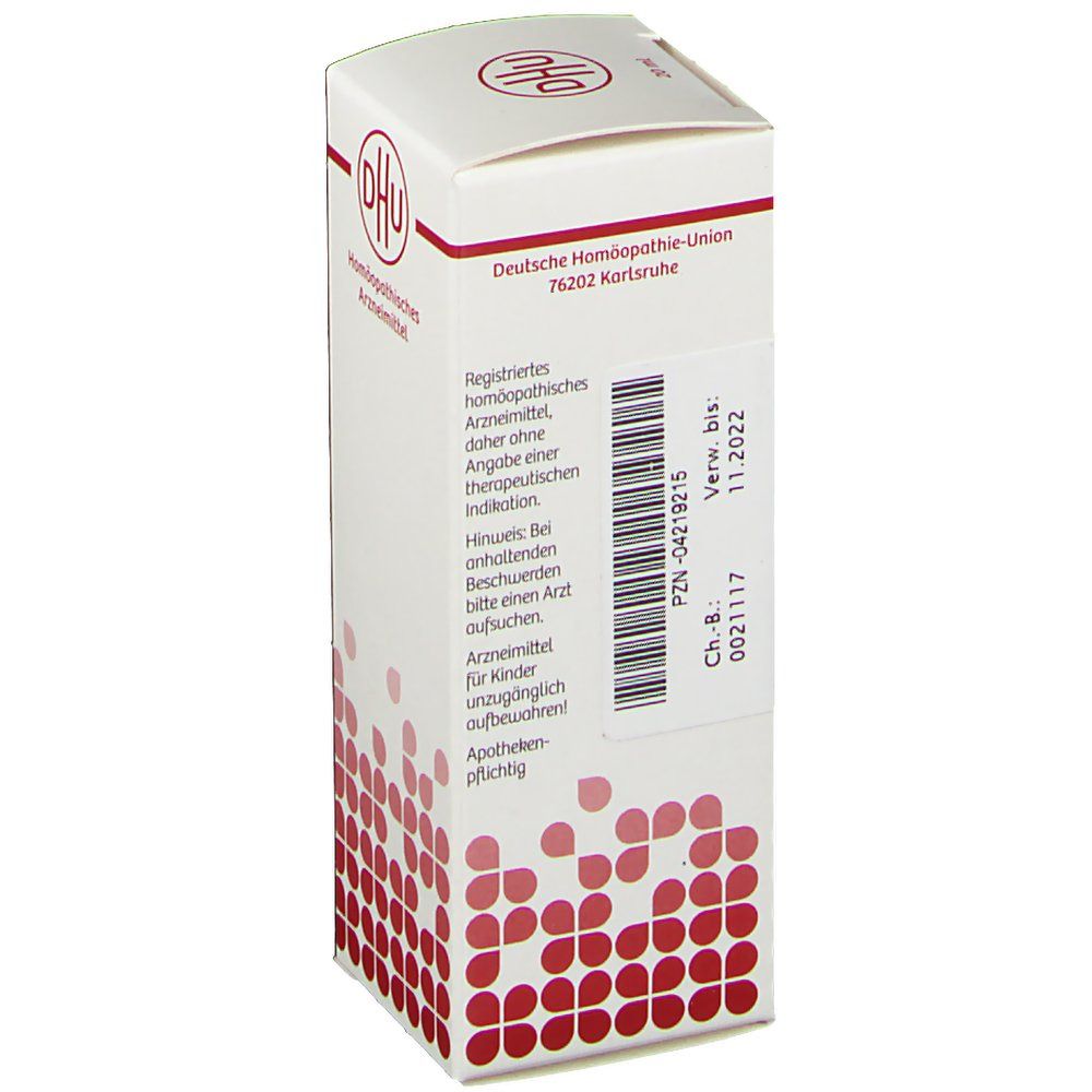 DHU-Verpackung. Registriertes homöopathisches Arzneimittel. Weiße Verpackung mit rotem Muster. Verfallsdatum 11.2022.