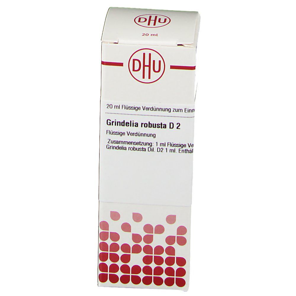 DHU-Verpackung mit Aufschrift Grindelia robusta D2. 20 ml Flüssige Verdünnung. Rote und weiße Farbgebung.