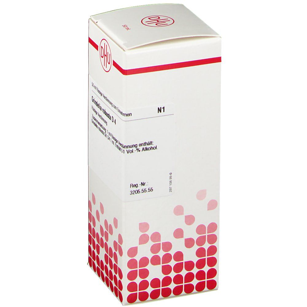 Weiße Faltschachtel mit rotem DHU-Logo und Produktbezeichnung Grindelia robusta D4. N1-Kennzeichnung.