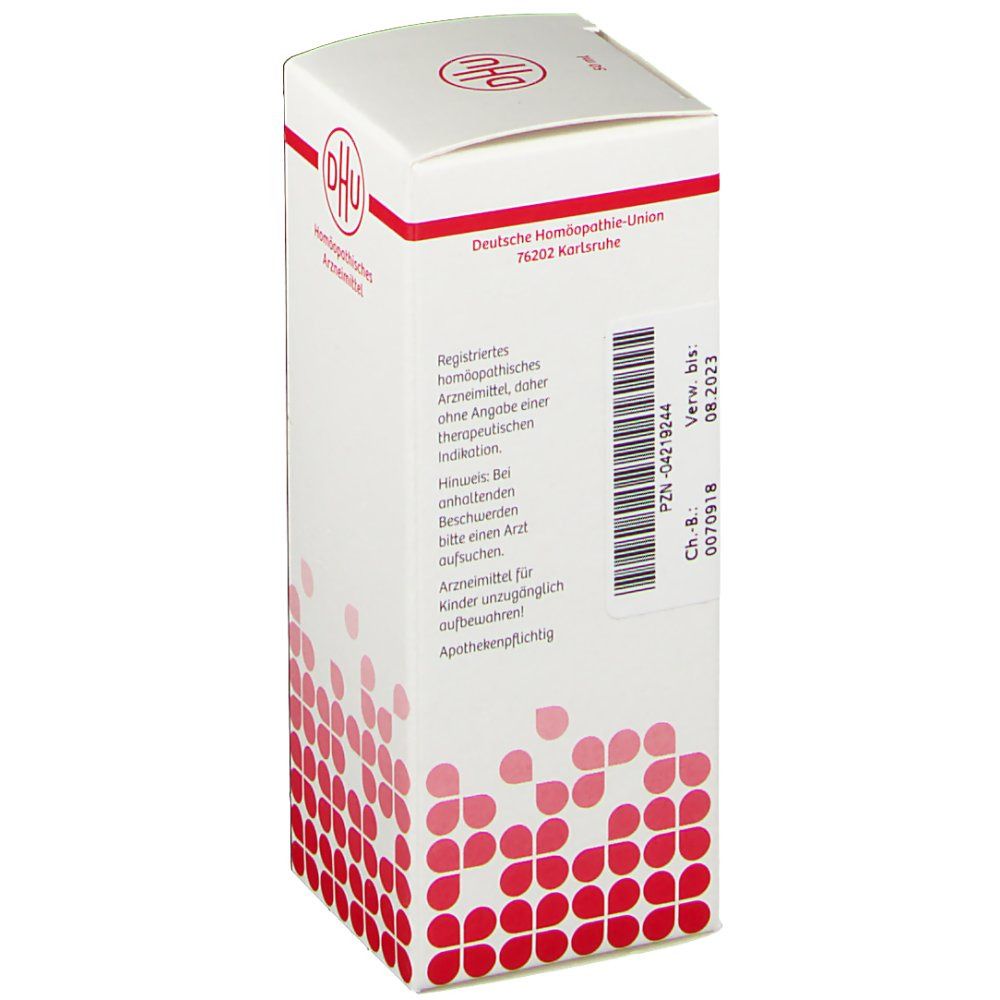 Weiße Faltschachtel mit rotem DHU-Logo. Text: Deutsche Homöopathie-Union. Barcode und Verfallsdatum.