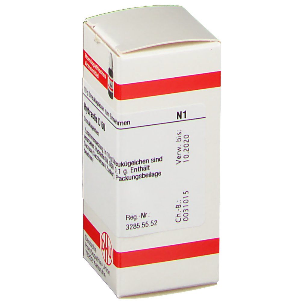 Weiße Schachtel mit roter Umrandung. Auf der Schachtel steht "Hydrastis D 60". Aufgedruckt sind Verfallsdatum und Chargennummer. Logo der DHU.