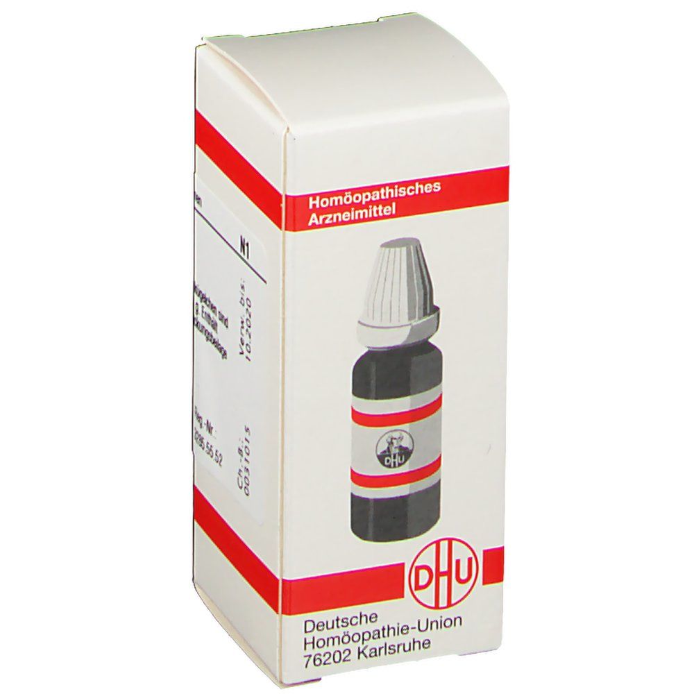 Weiße Schachtel mit roter Umrandung. Auf der Schachtel ist eine Abbildung einer Flasche mit Globuli. Logo der Deutschen Homöopathie-Union.