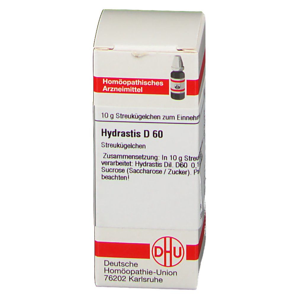 Weiße Schachtel mit roter Umrandung. Auf der Schachtel steht "Hydrastis D 60" und "10 g Streukügelchen zum Einnehmen". Logo der Deutschen Homöopathie-Union.