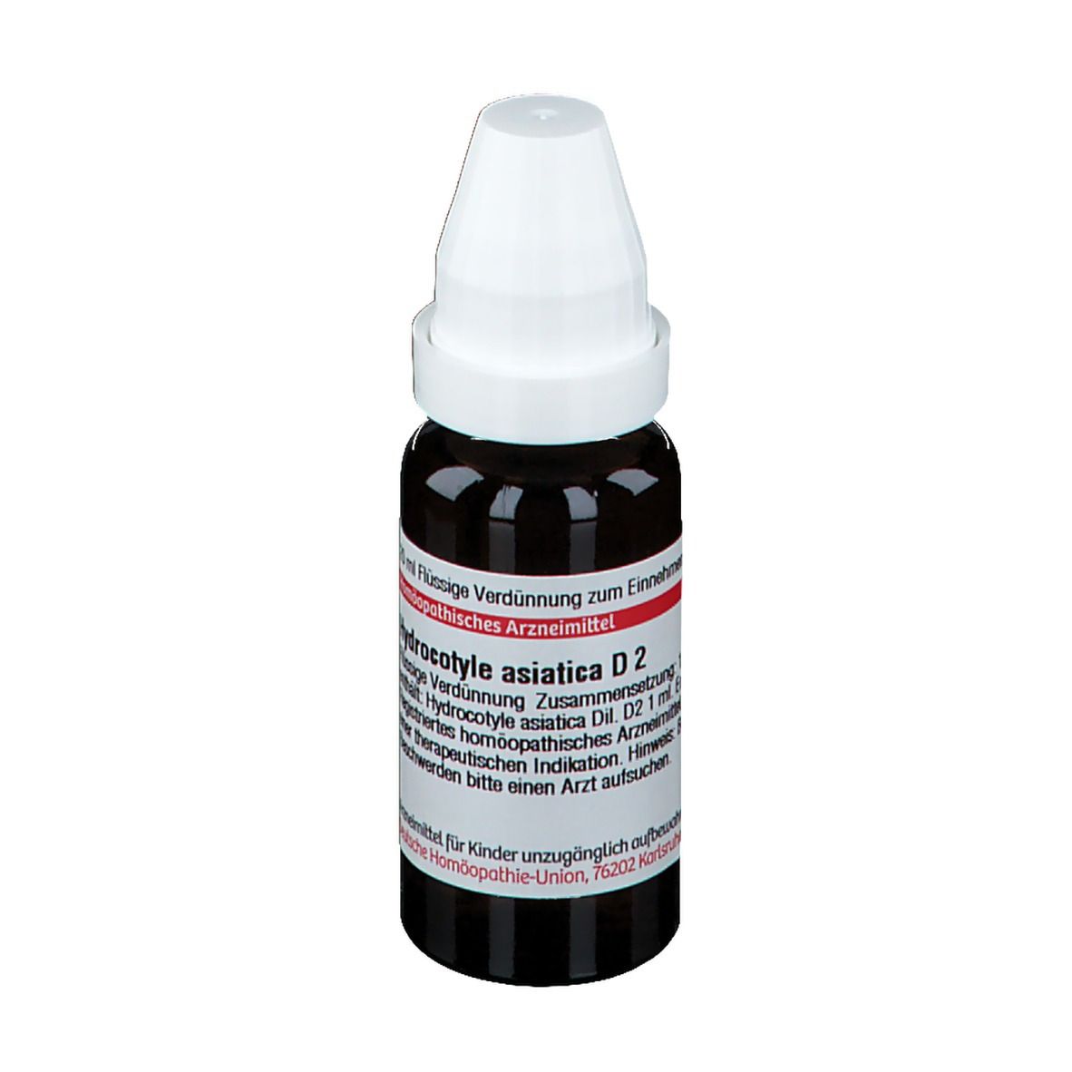 Braune Glasflasche mit weißem Verschluss. Beschriftung: Hydrocotyle asiatica D2, homöopathisches Arzneimittel.