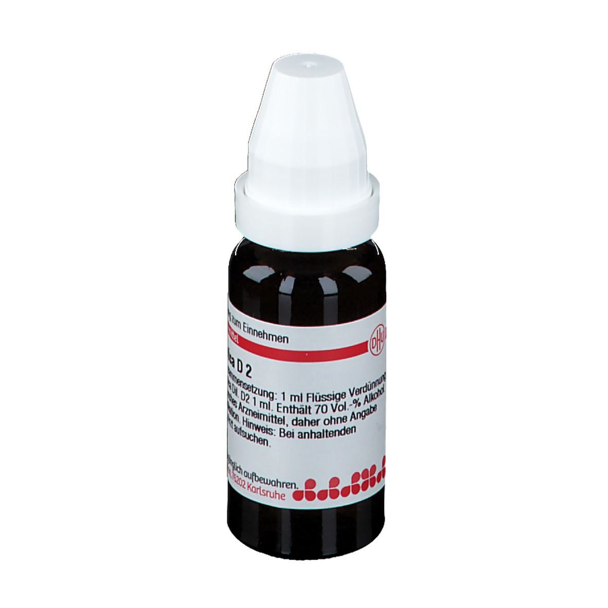 Braune Glasflasche mit weißem Verschluss. Beschriftung: Hydrocotyle asiatica D2, homöopathisches Arzneimittel.