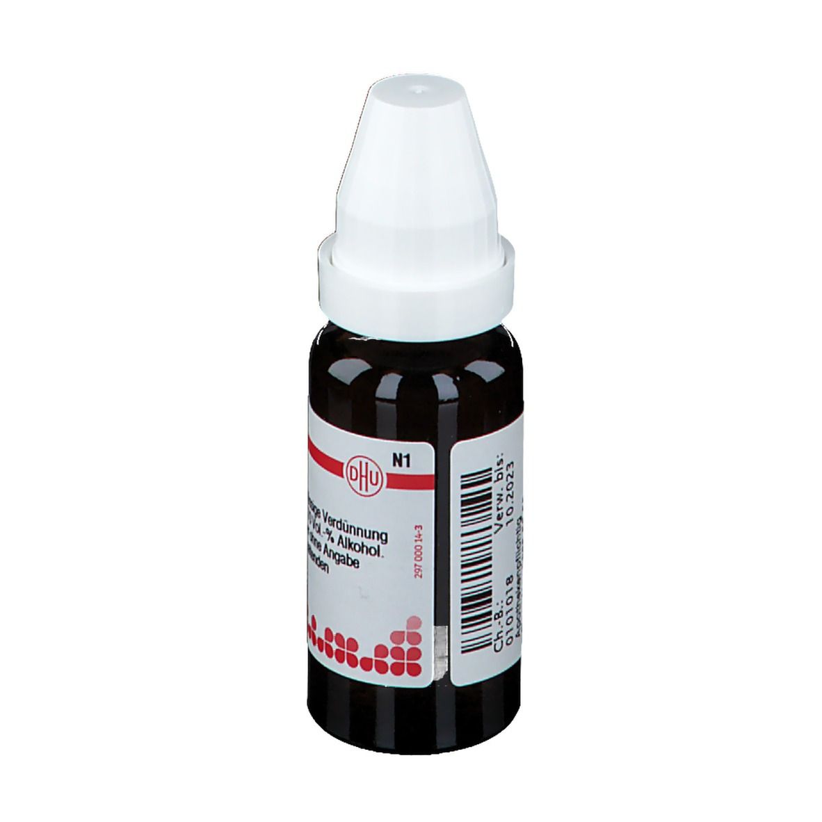 Braune Glasflasche mit weißem Verschluss. Beschriftung: DHU, N1, homöopathisches Arzneimittel.