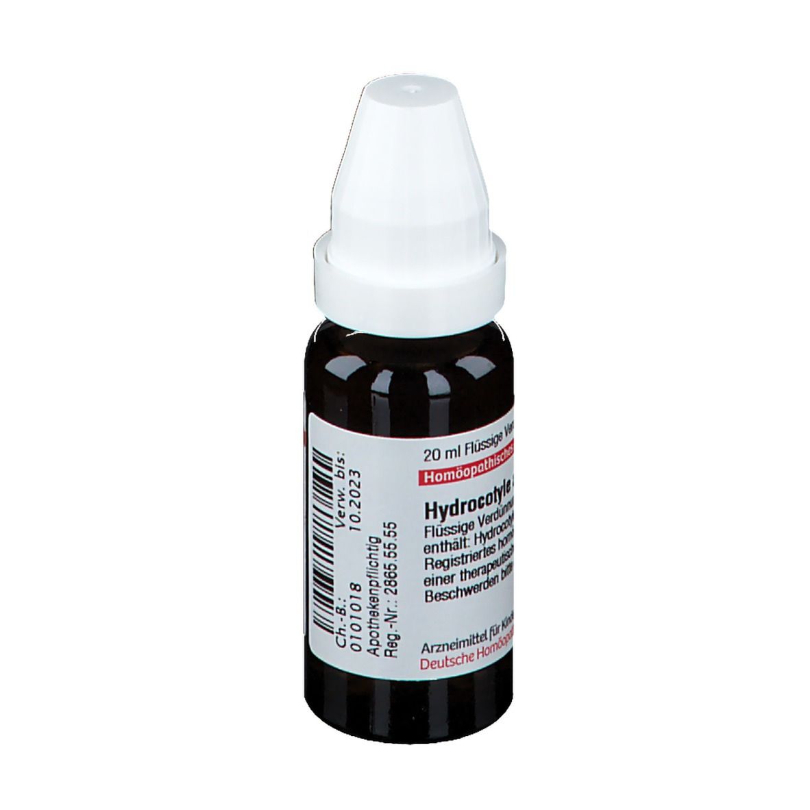 Braune Glasflasche mit weißem Verschluss. Beschriftung: 20 ml, Hydrocotyle asiatica D2, homöopathisches Arzneimittel.