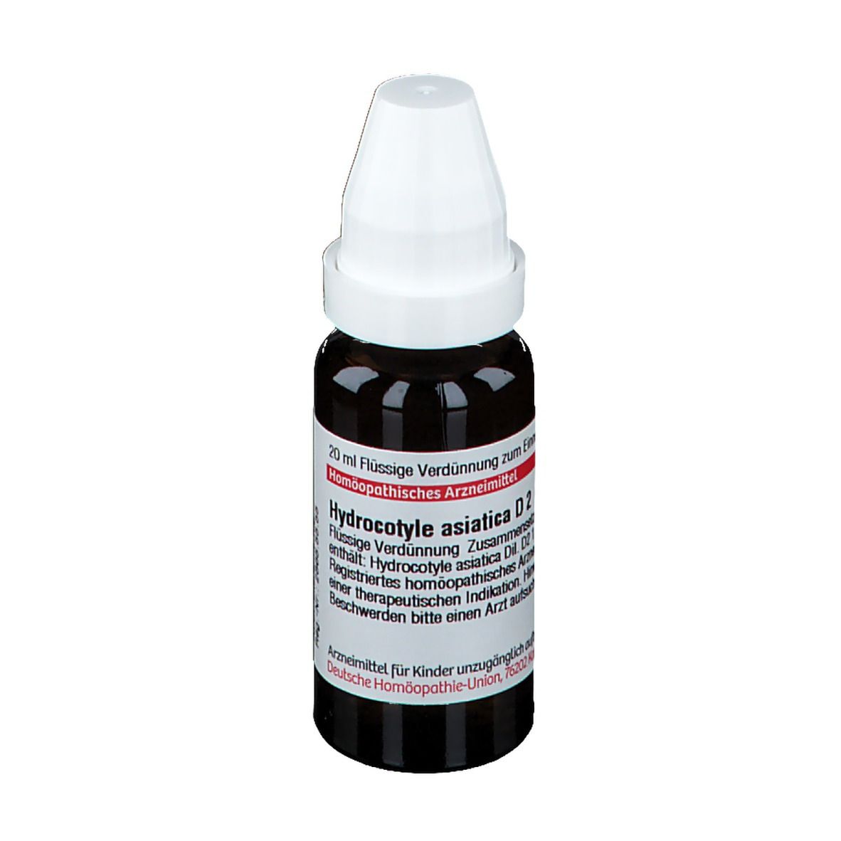 Braune Glasflasche mit weißem Verschluss. Beschriftung: 20 ml, Hydrocotyle asiatica D2, homöopathisches Arzneimittel.