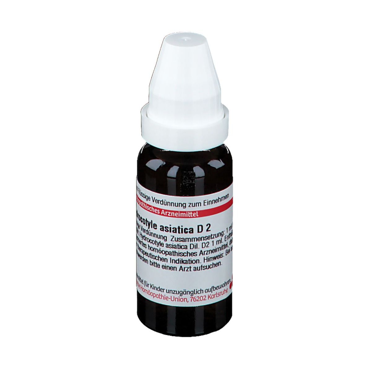 Braune Glasflasche mit weißem Verschluss. Beschriftung: Hydrocotyle asiatica D2, homöopathisches Arzneimittel.