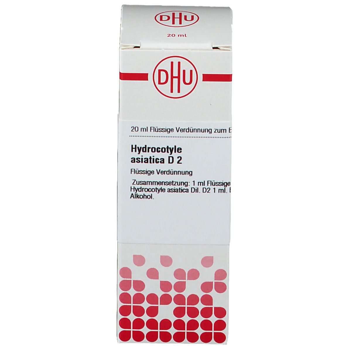 Produktverpackung. Beschriftung: DHU, Hydrocotyle asiatica D2, homöopathisches Arzneimittel.