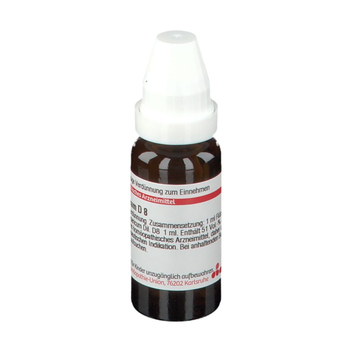 Braune Glasflasche mit weißem Verschluss. Etikett mit Text. Apothekenpflichtiges Arzneimittel. Hersteller: DHU.