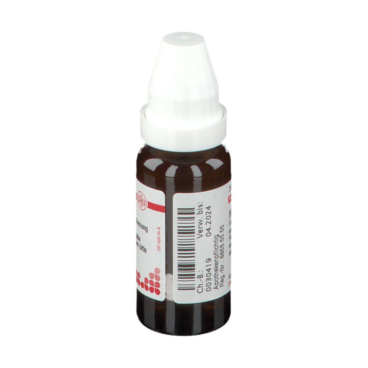 Braune Glasflasche mit weißem Verschluss. Etikett mit Text. Verwendbar bis 04.2024. Apothekenpflichtiges Arzneimittel.