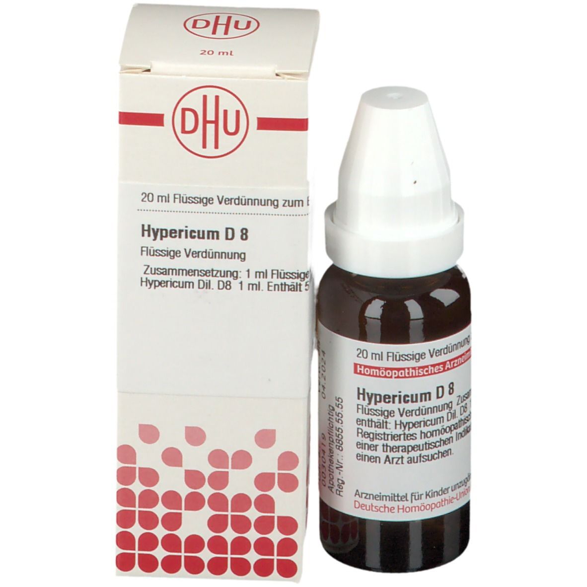 Braune Glasflasche mit weißem Verschluss und Karton. Karton mit Text: Hypericum D 8, 20 ml Flüssige Verdünnung. DHU Logo.