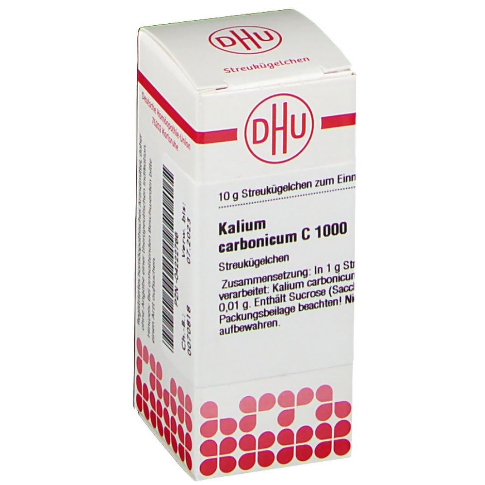 Weiße Schachtel mit rotem Logo und Text. Beschriftung: DHU, Kalium carbonicum C 1000, Streukügelchen. 10 g Streukügelchen zum Einnehmen.