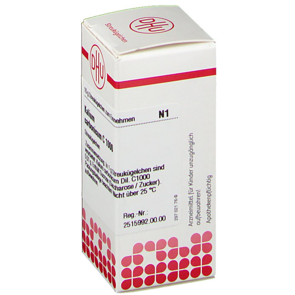 Weiße Schachtel mit rotem Logo und Text. Beschriftung: DHU, Kalium carbonicum C 1000, N1. Arzneimittel für Kinder unzugänglich aufbewahren.