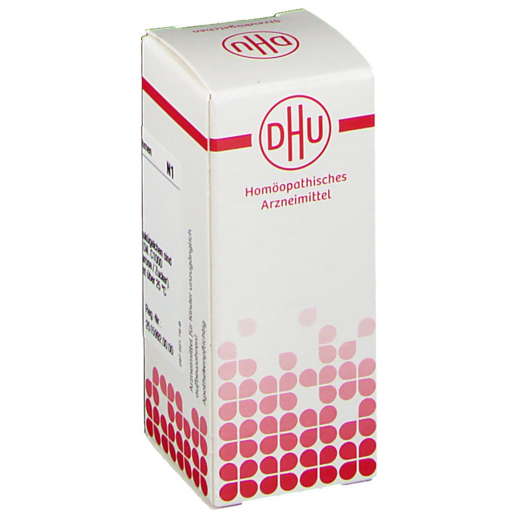 Weiße Schachtel mit rotem Logo und Text. Beschriftung: DHU, Homöopathisches Arzneimittel, N1. Rote Muster am unteren Rand.