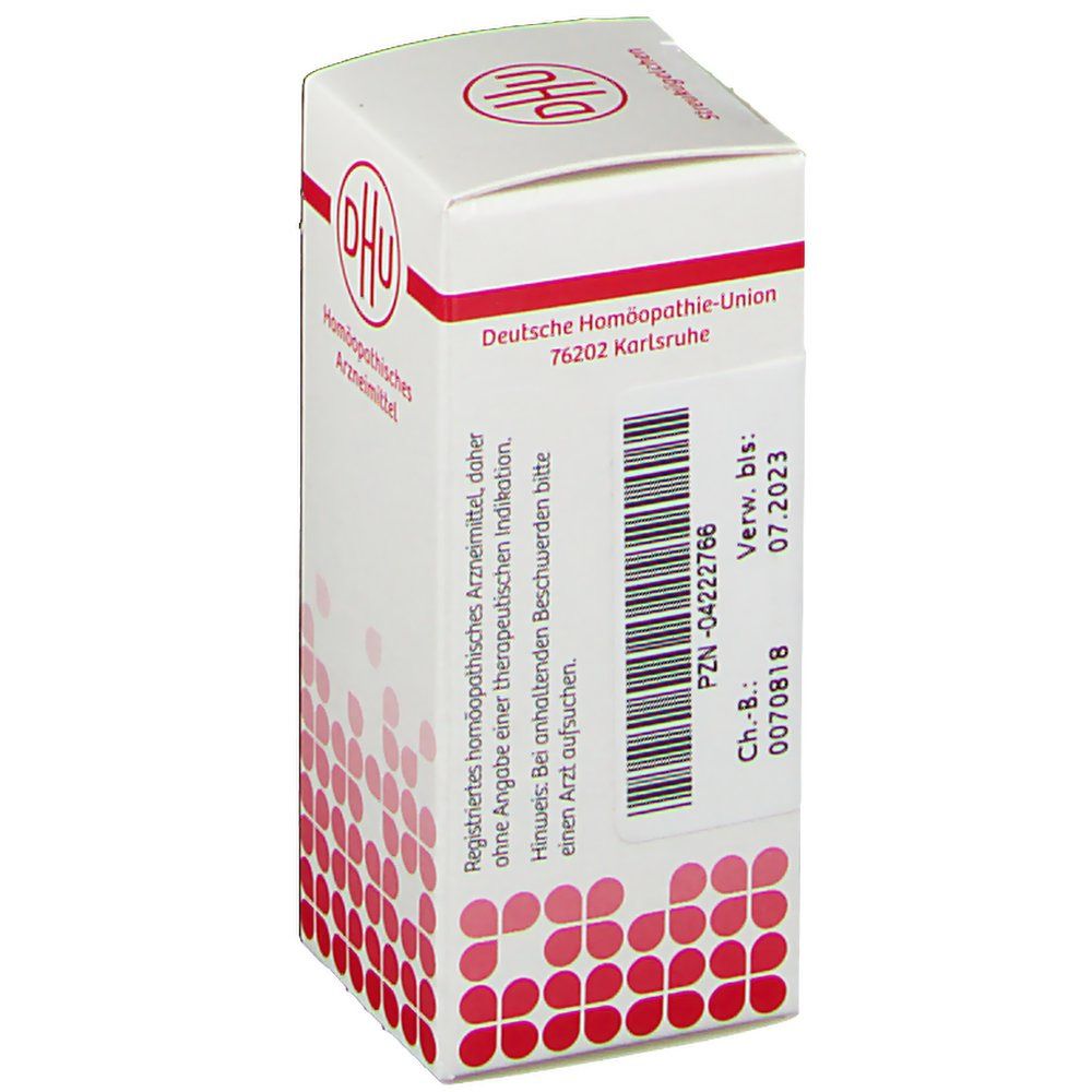 Weiße Schachtel mit rotem Logo und Text. Beschriftung: Deutsche Homöopathie-Union. Barcode und Verfallsdatum: 07.2023.