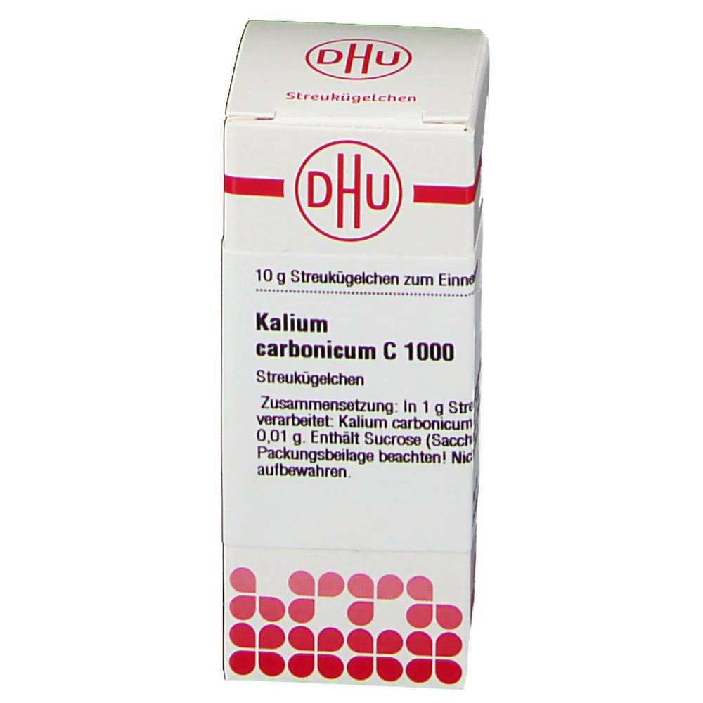 Weiße Schachtel mit rotem Logo und Text. Beschriftung: DHU, Kalium carbonicum C 1000, Streukügelchen. 10 g Streukügelchen zum Einnehmen.