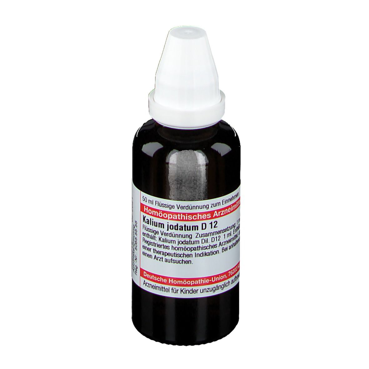 Braune Glasflasche mit weißem Verschluss. Etikett mit Produktinformationen: Kalium jodatum D12. Deutsche Homöopathie-Union.