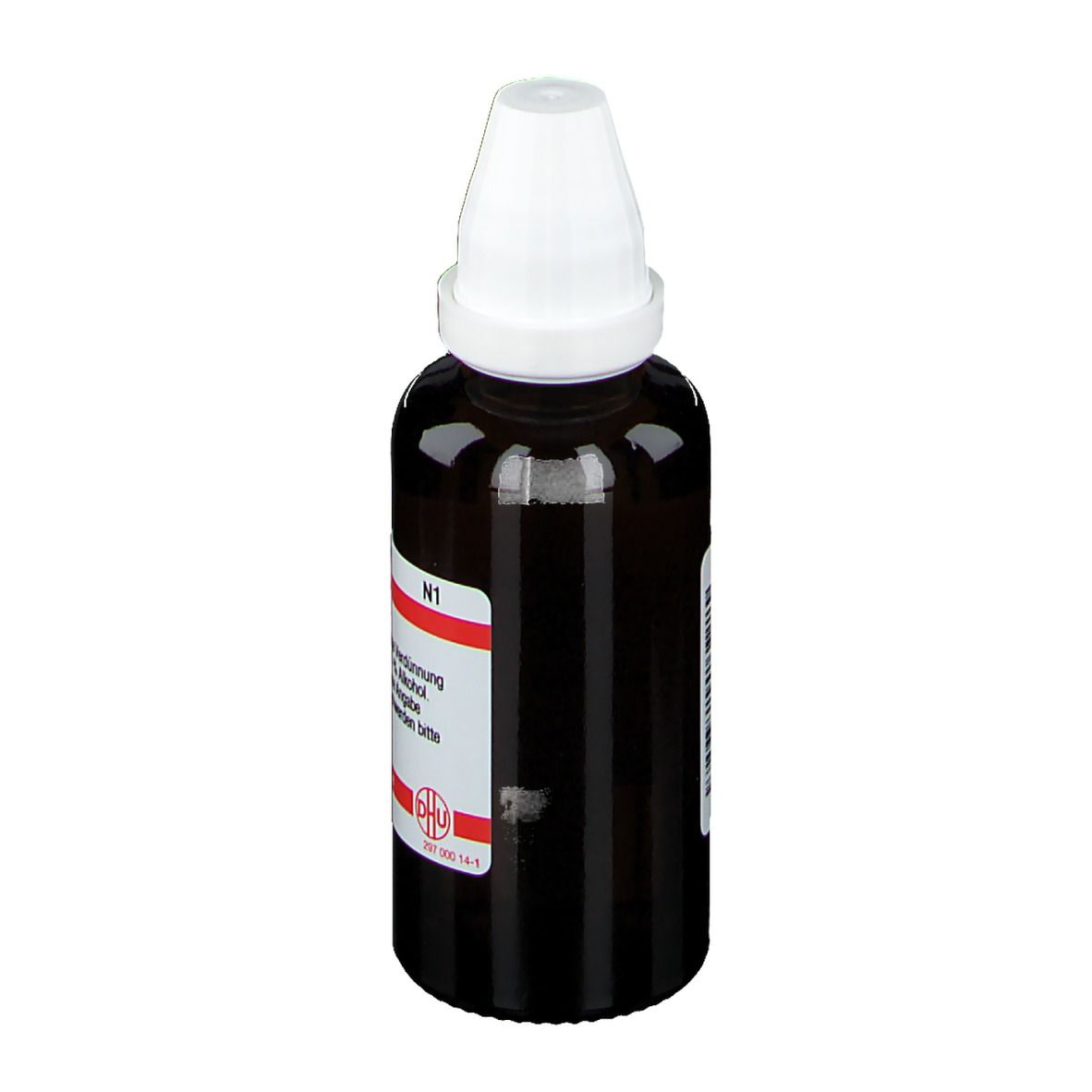 Braune Glasflasche mit weißem Verschluss. Etikett mit Produktinformationen. DHU-Logo. N1.