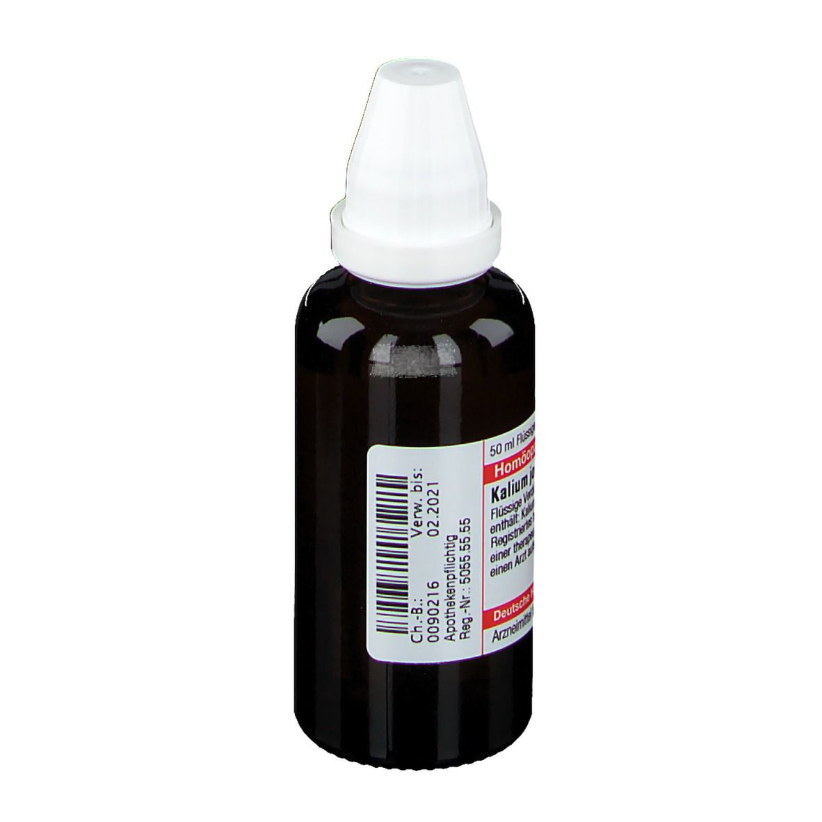 Braune Glasflasche mit weißem Verschluss. Etikett mit Produktinformationen. Verfallsdatum 02.2021. Apothekenkennziffer.
