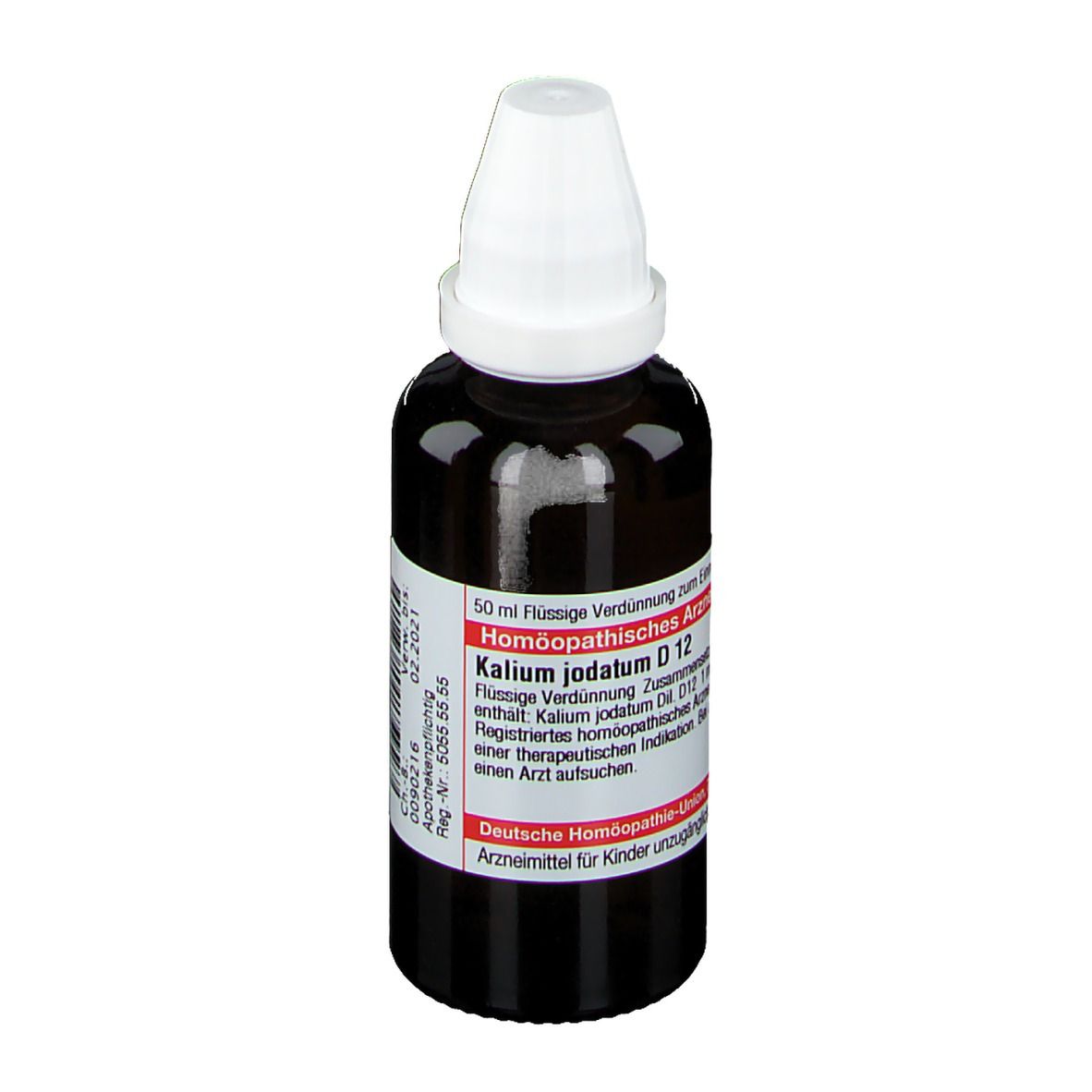 Braune Glasflasche mit weißem Verschluss. Etikett mit Produktinformationen: Kalium jodatum D12. Deutsche Homöopathie-Union.