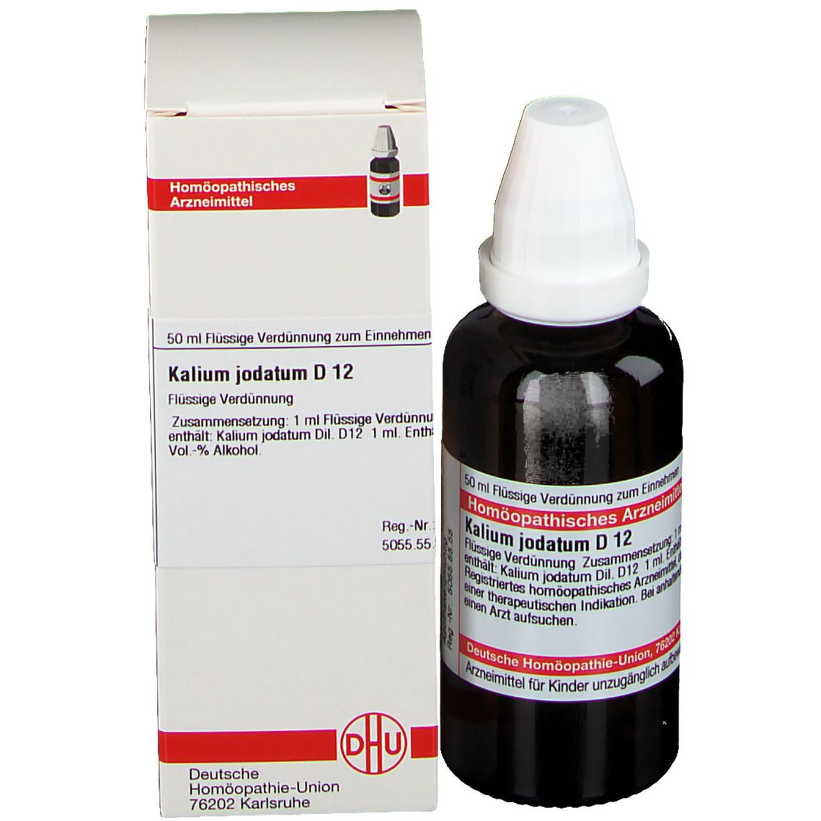Produktflasche und Verpackung. Flasche mit weißem Verschluss. Verpackung mit Produktinformationen: Kalium jodatum D12. DHU.