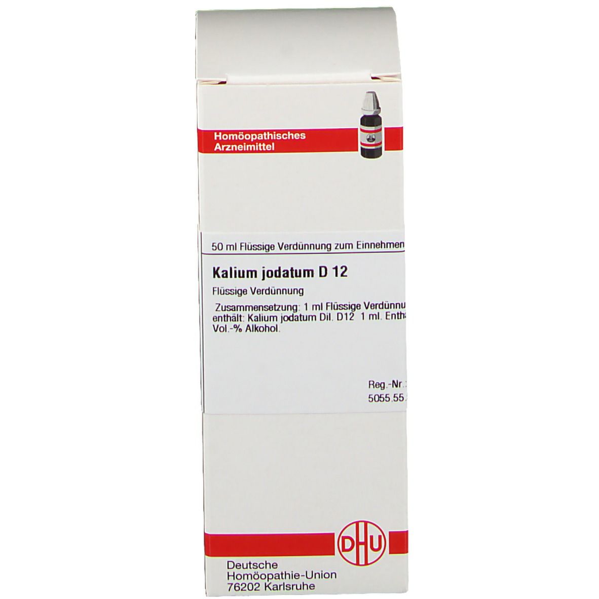 Verpackung mit Produktinformationen: Kalium jodatum D12. DHU-Logo. Flaschenabbildung. Deutsche Homöopathie-Union.
