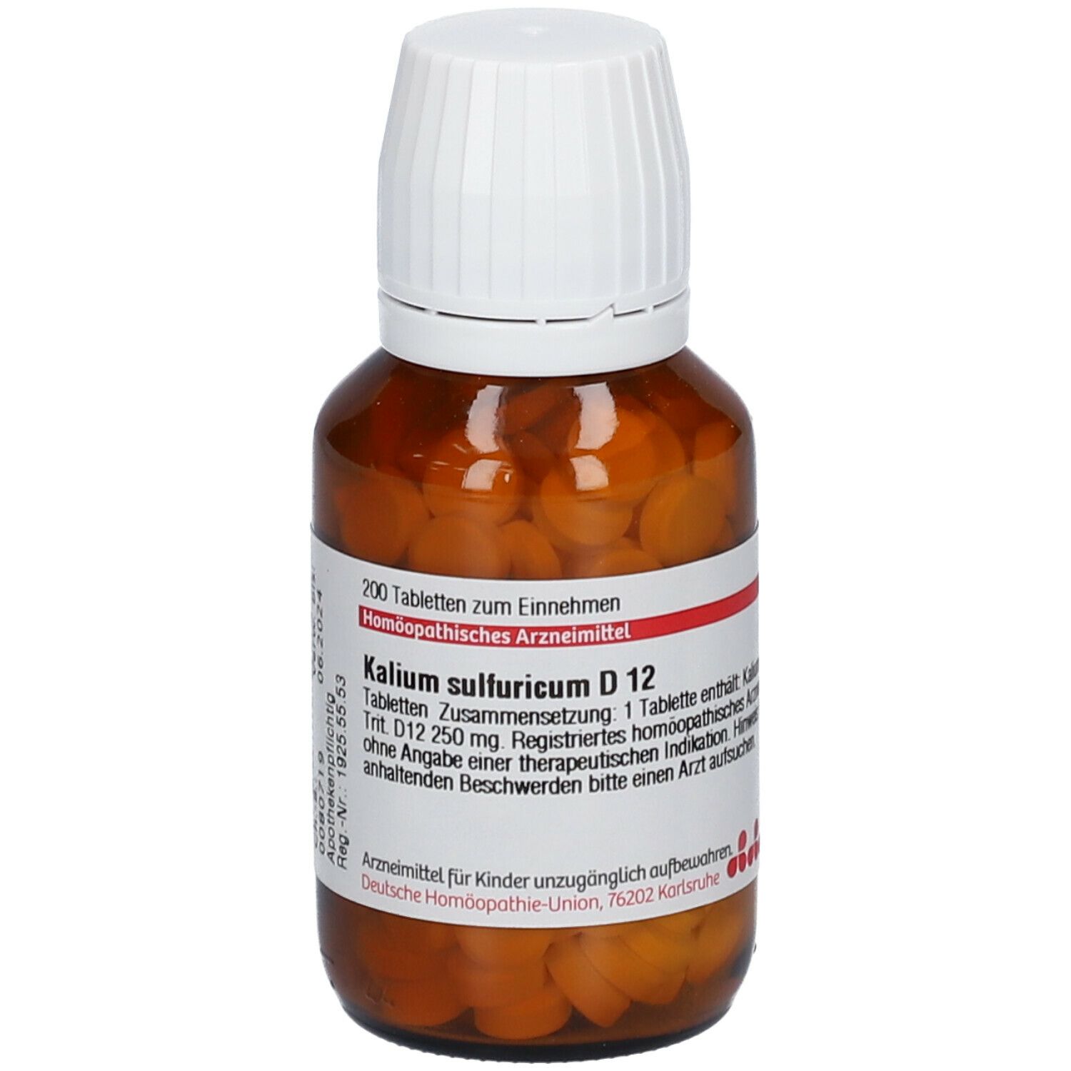 Braune Glasflasche mit weißen Deckel. Enthält Tabletten. Beschriftung: Kalium sulfuricum D 12, 200 Tabletten.
