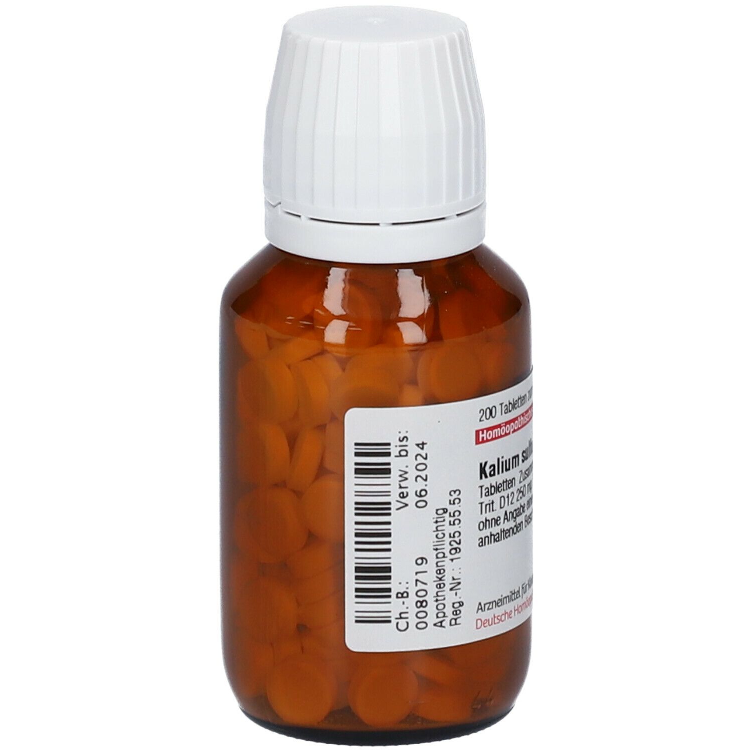 Braune Glasflasche mit weißen Deckel. Enthält Tabletten. Aufkleber mit Barcode und Verfallsdatum. Beschriftung.