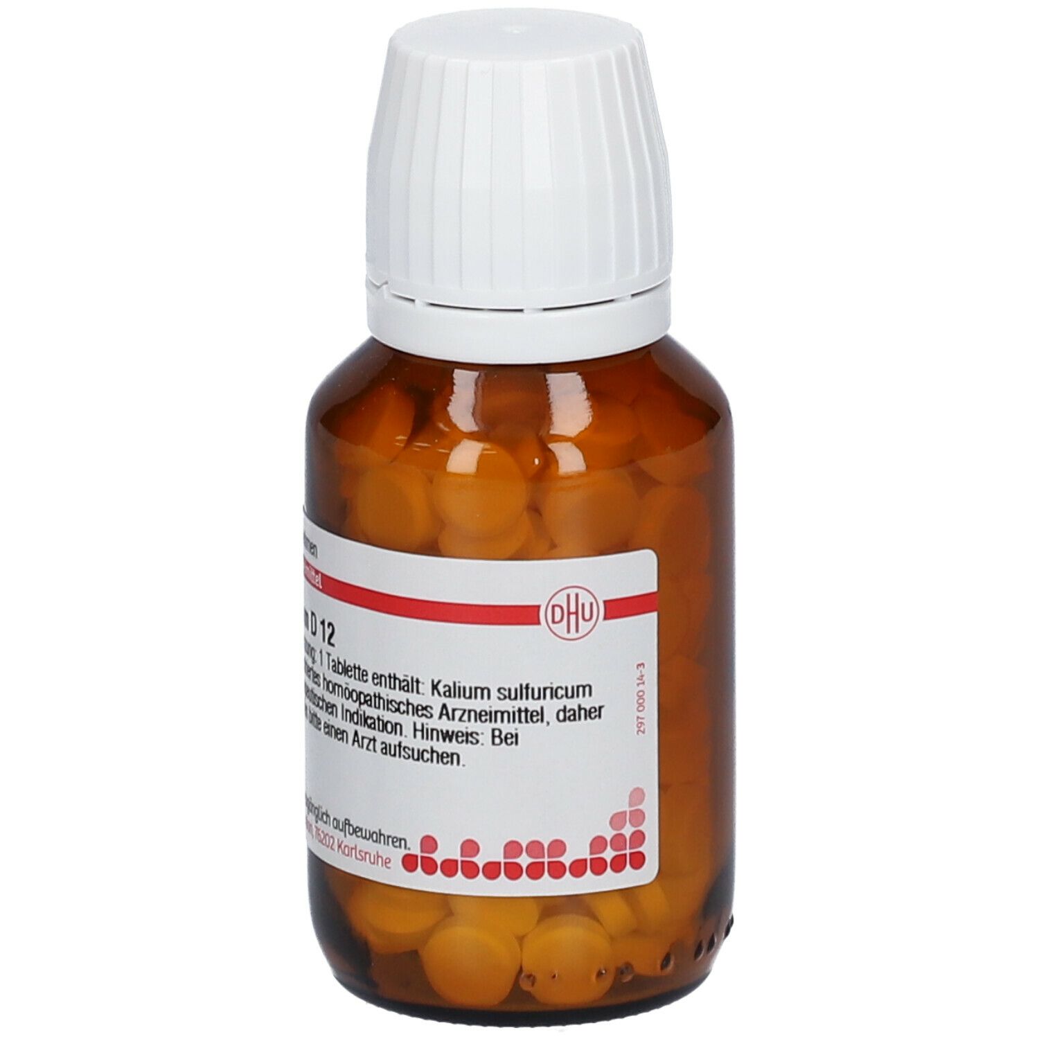 Braune Glasflasche mit weißen Deckel. Enthält Tabletten. Beschriftung: DHU, Kalium sulfuricum D 12. Homöopathisches Arzneimittel.