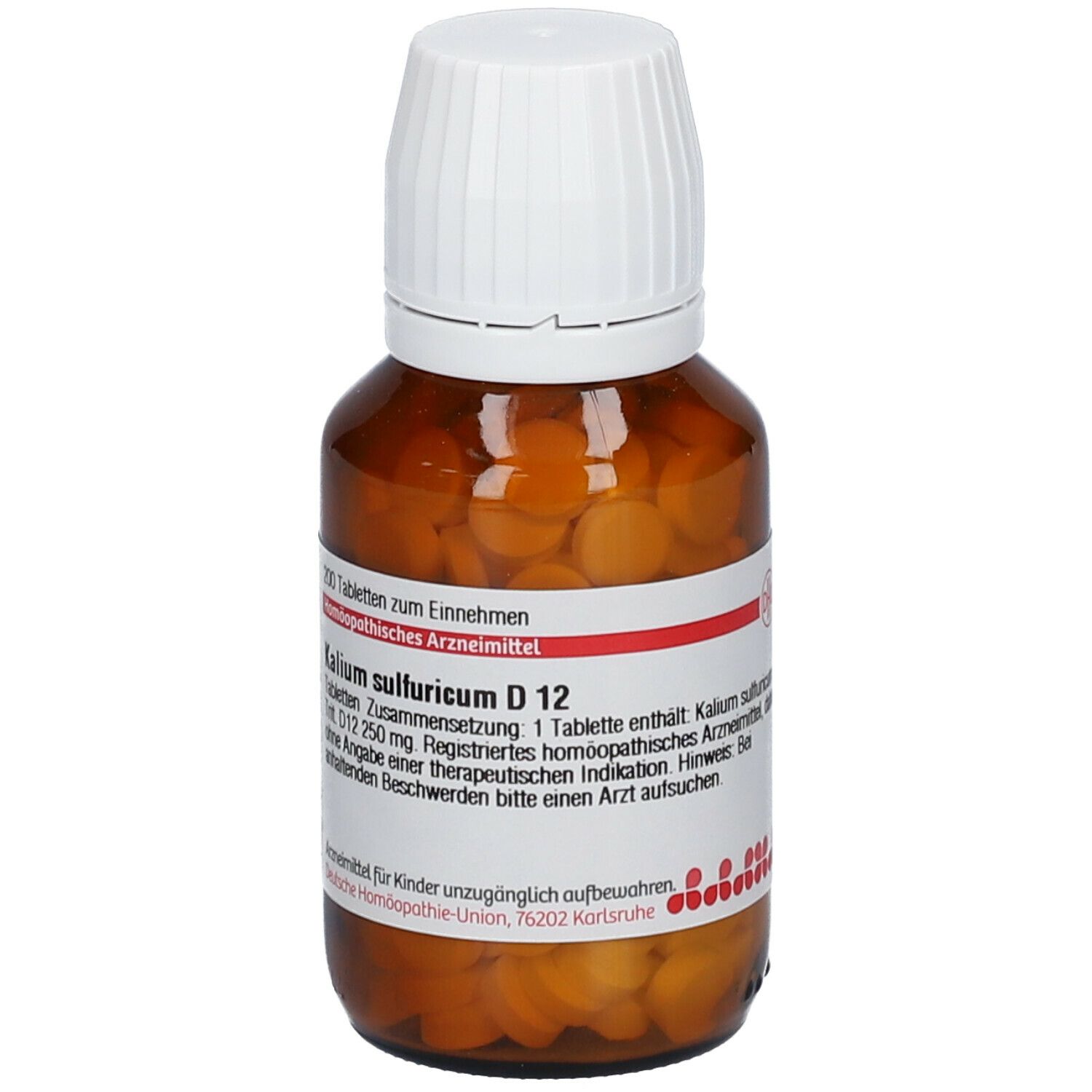Braune Glasflasche mit weißen Deckel. Enthält Tabletten. Beschriftung: Kalium sulfuricum D 12, 100 Tabletten.