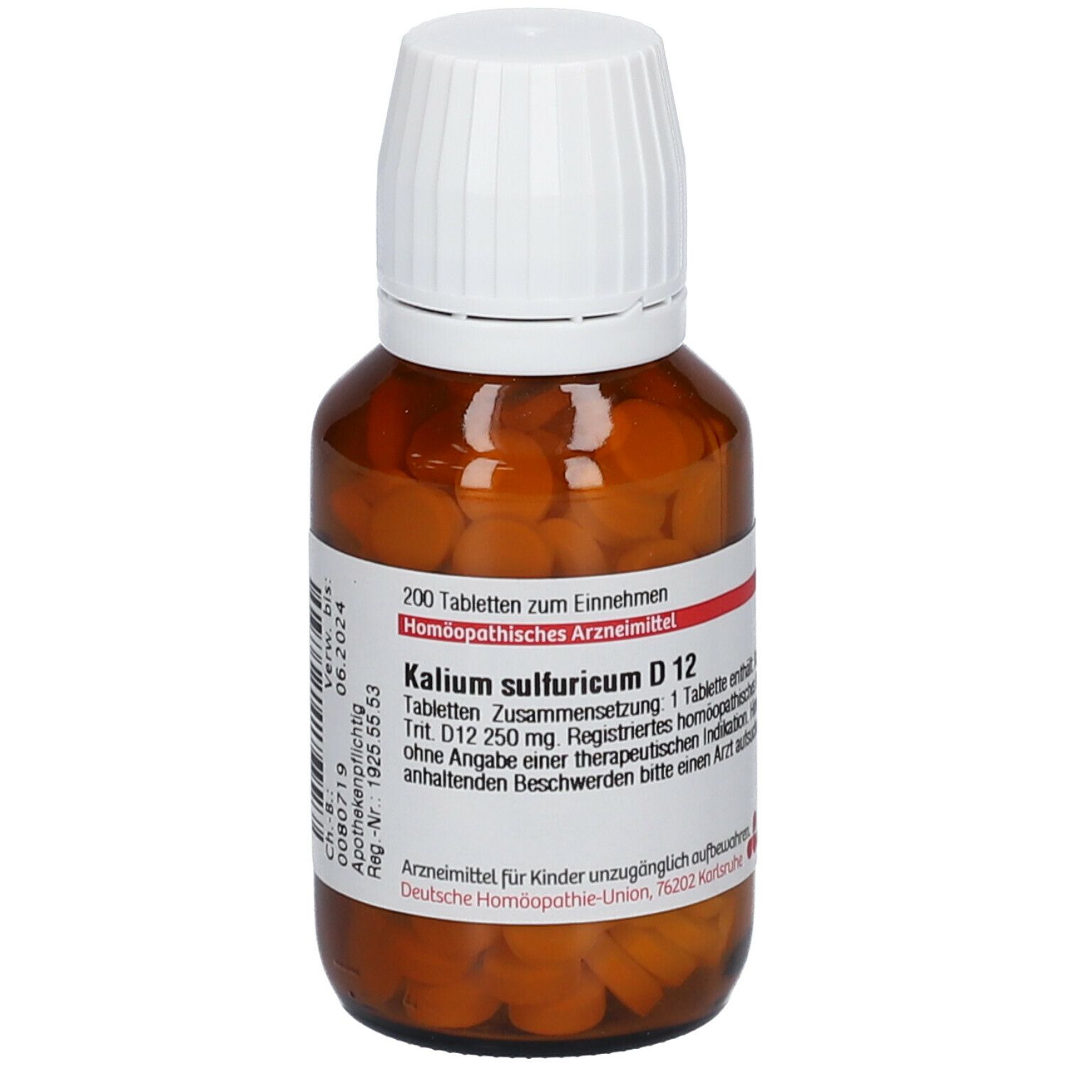Braune Glasflasche mit weißen Deckel. Enthält Tabletten. Beschriftung: Kalium sulfuricum D 12, 200 Tabletten.