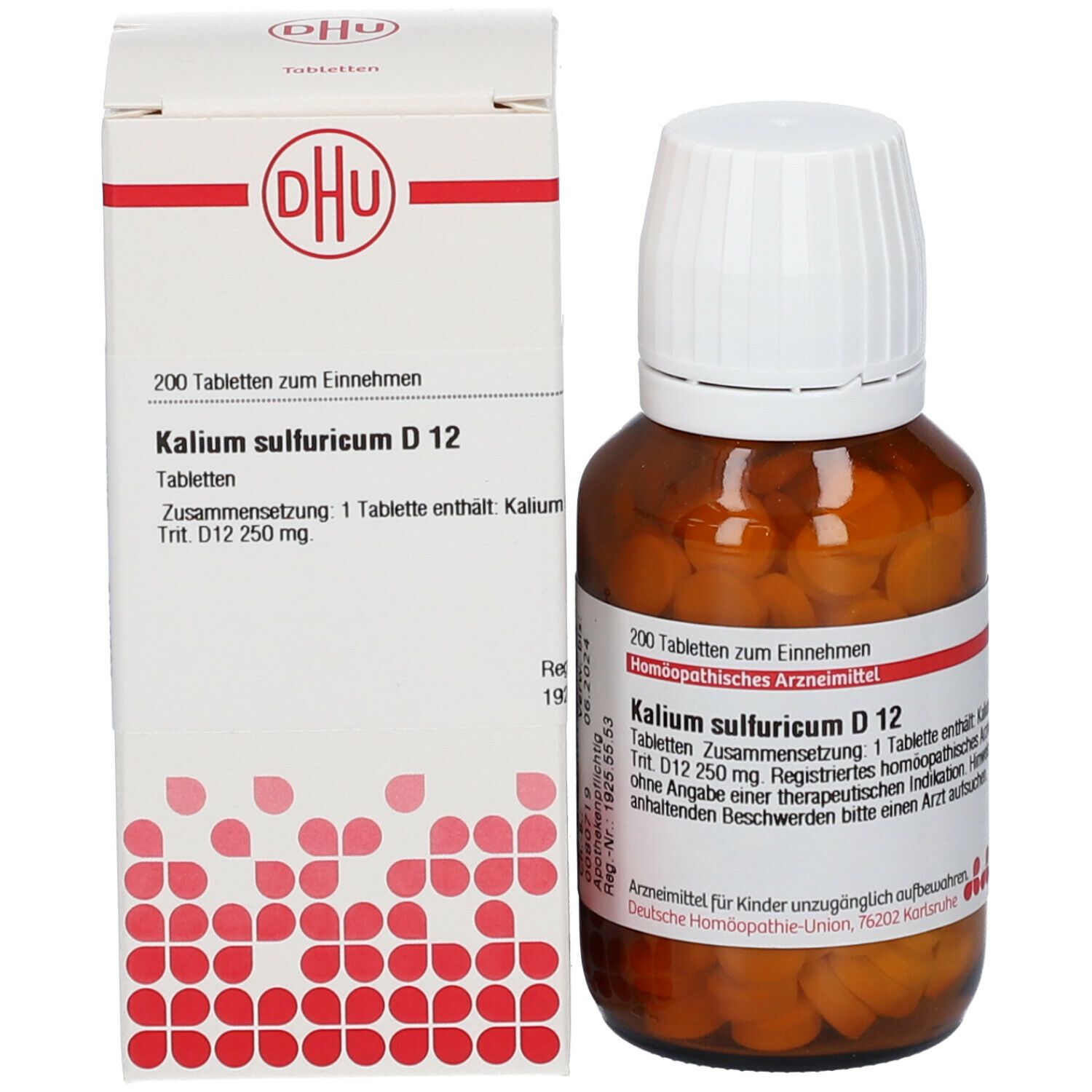 Braune Glasflasche und Karton. Beschriftung: DHU, Kalium sulfuricum D 12, 200 Tabletten. Homöopathisches Arzneimittel.