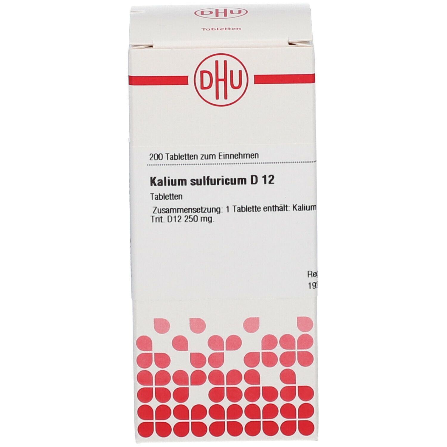 Weiße Schachtel. Beschriftung: DHU, Kalium sulfuricum D 12, 200 Tabletten. Homöopathisches Arzneimittel.