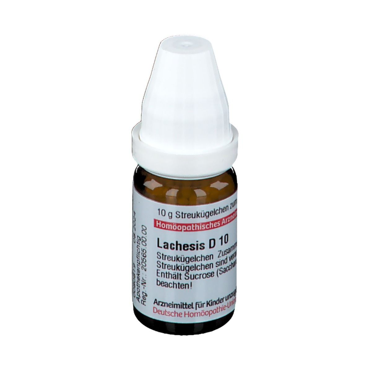 Braune Glasflasche mit weißen Deckel. Aufschrift: Lachesis D10, 10 g Streukügelchen, Homöopathisches Arzneimittel.