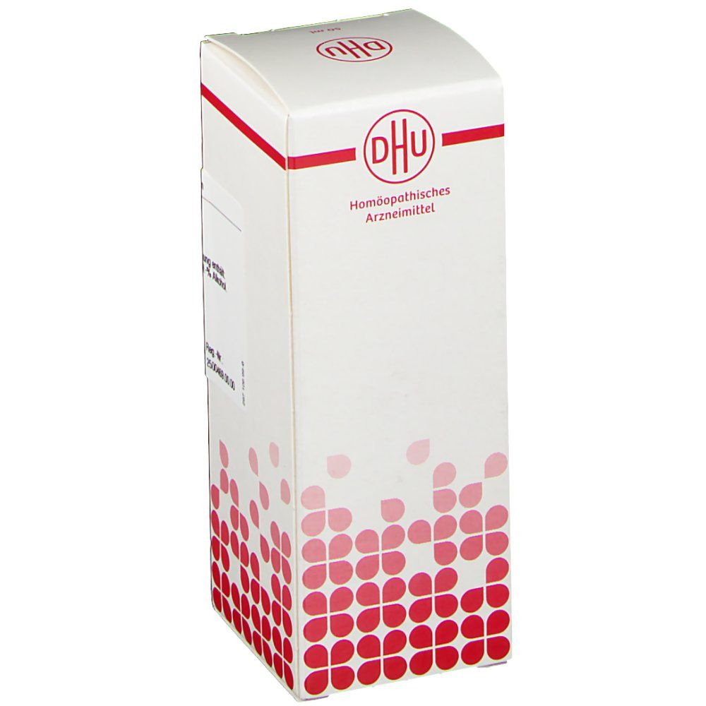 DHU-Verpackung. Weiße Schachtel mit rotem Logo und Schriftzug. Homöopathisches Arzneimittel.