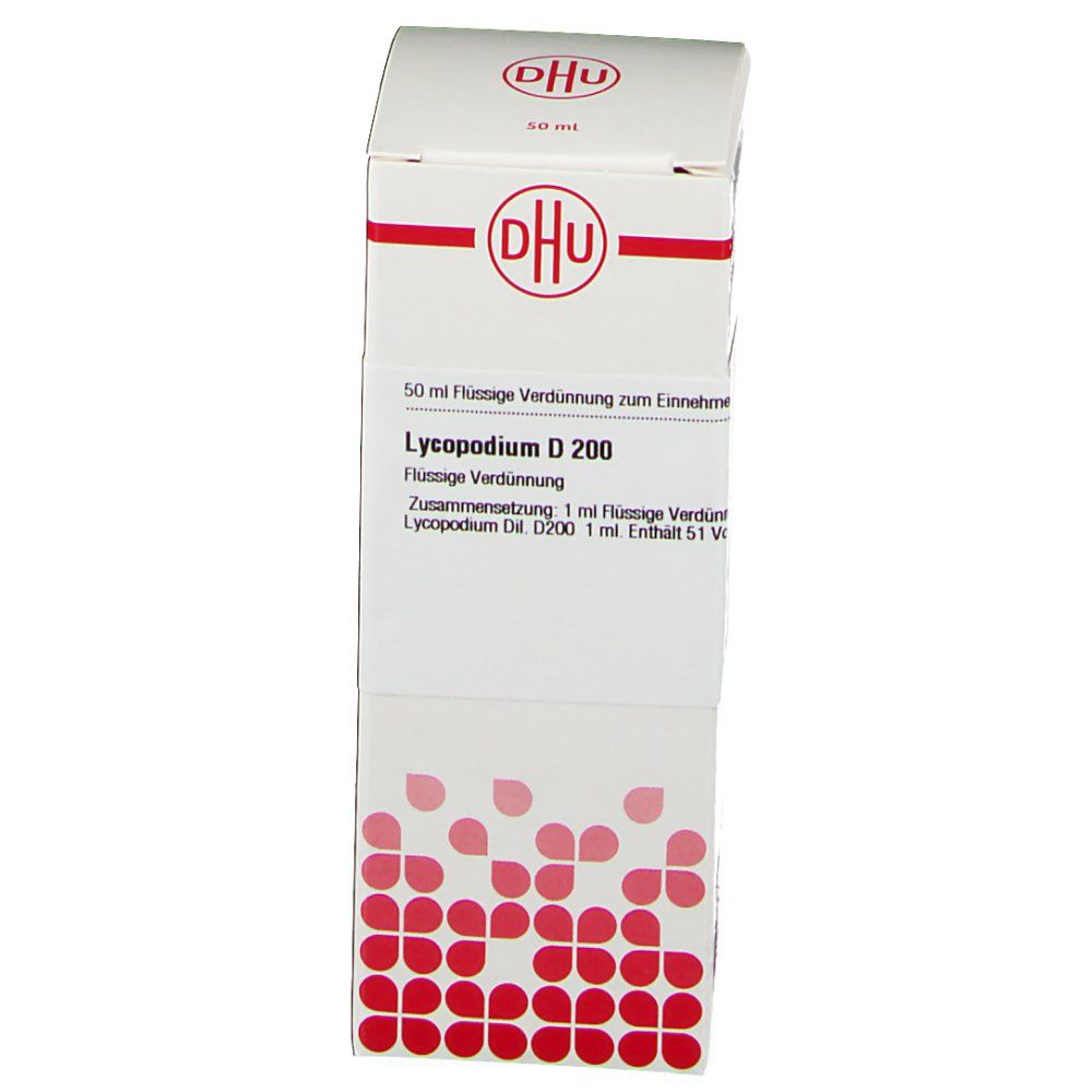 DHU Lycopodium D200-Verpackung. Weiße Schachtel mit rotem Logo und Schriftzug. Produktname und Dosierung.