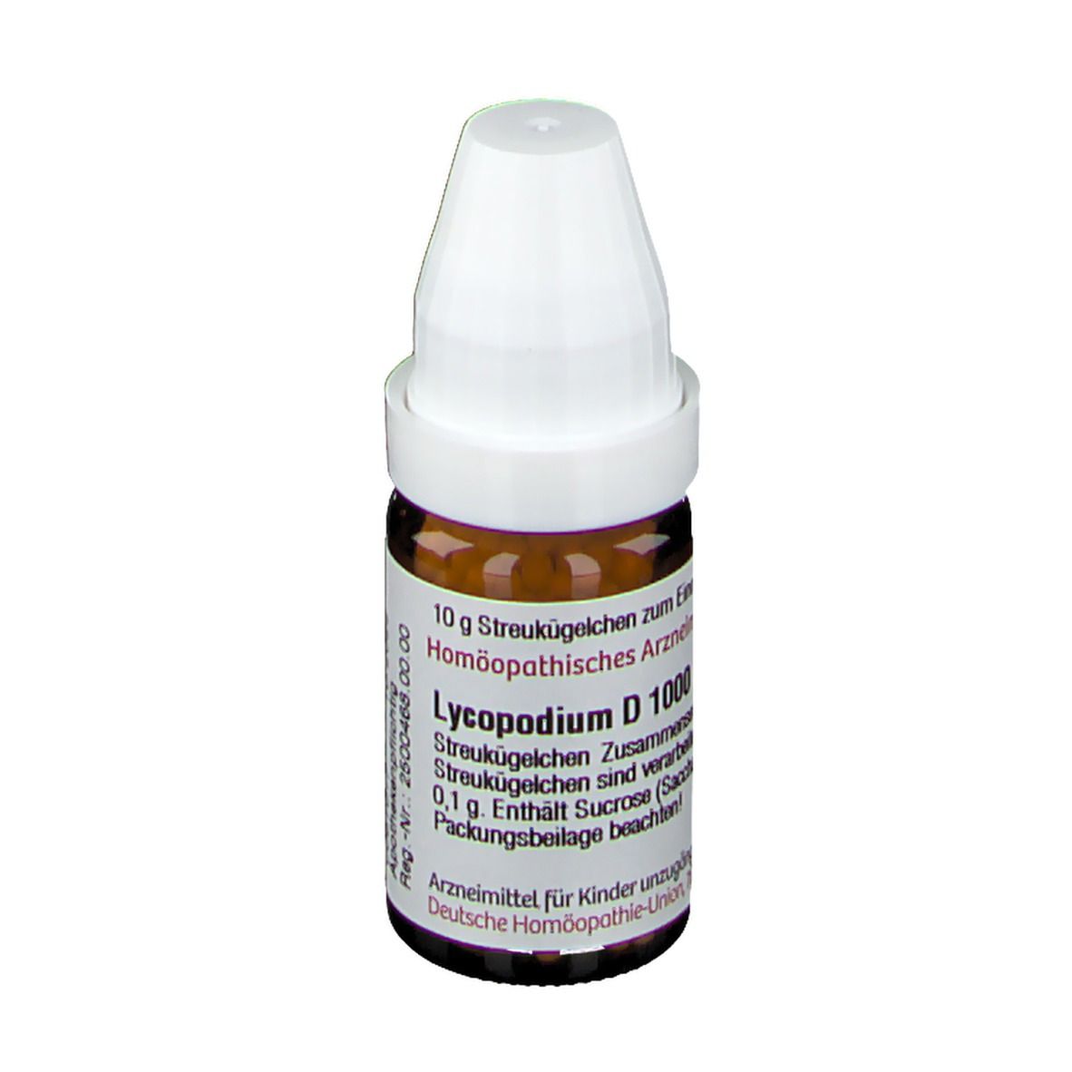 Braune Glasflasche mit weißem Deckel. Beschriftung: Lycopodium D 1000, 10 g Streukügelchen. Apothekenpflichtig.