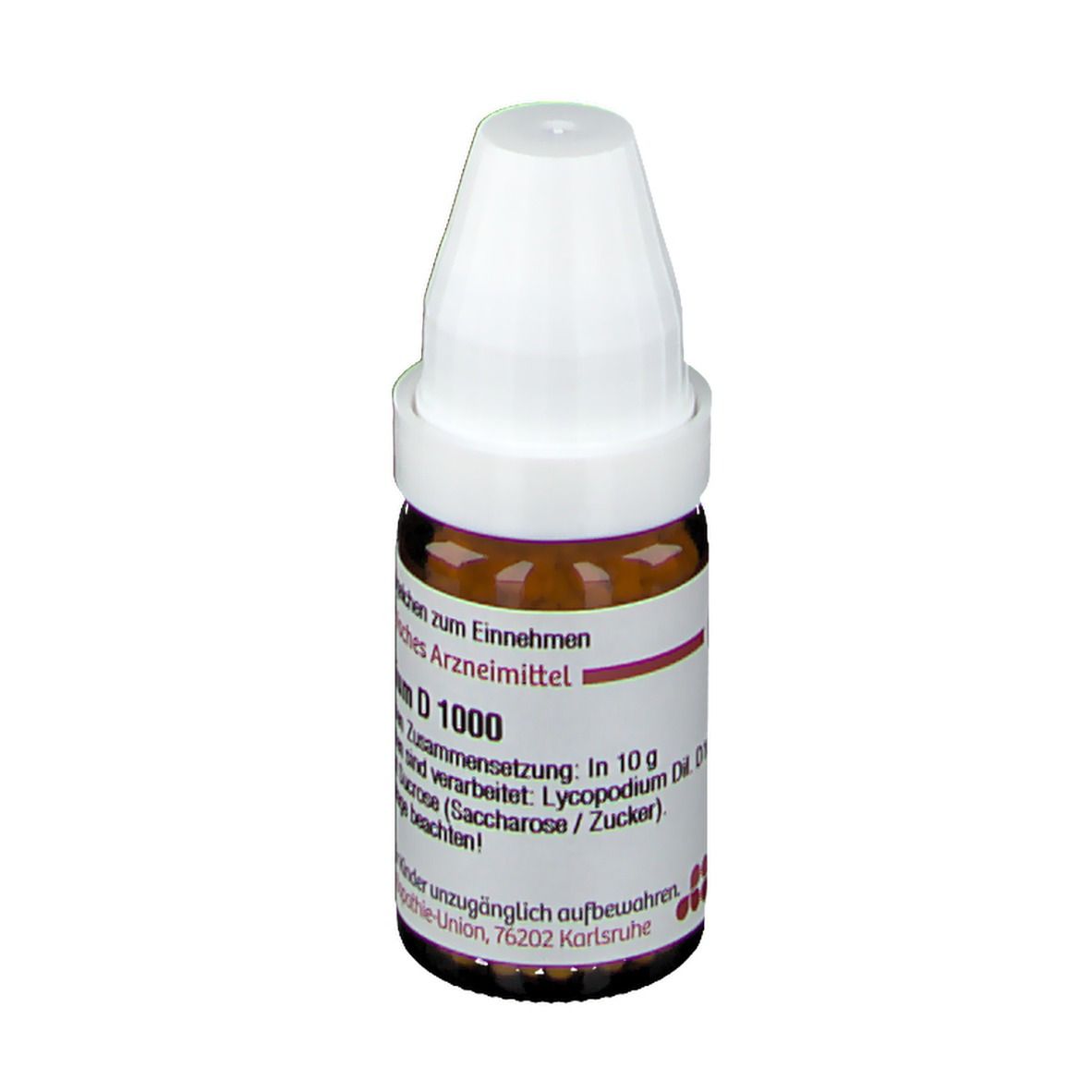 Braune Glasflasche mit weißem Deckel. Beschriftung: Lycopodium D 1000, 10 g Streukügelchen. Apothekenpflichtig.