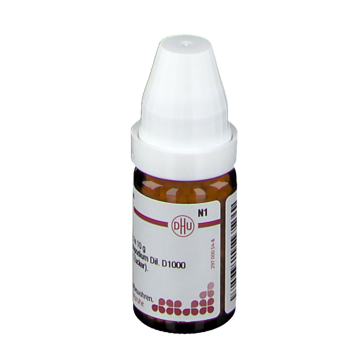 Braune Glasflasche mit weißem Deckel. Beschriftung: Lycopodium D 1000, 10 g Streukügelchen. Apothekenpflichtig.